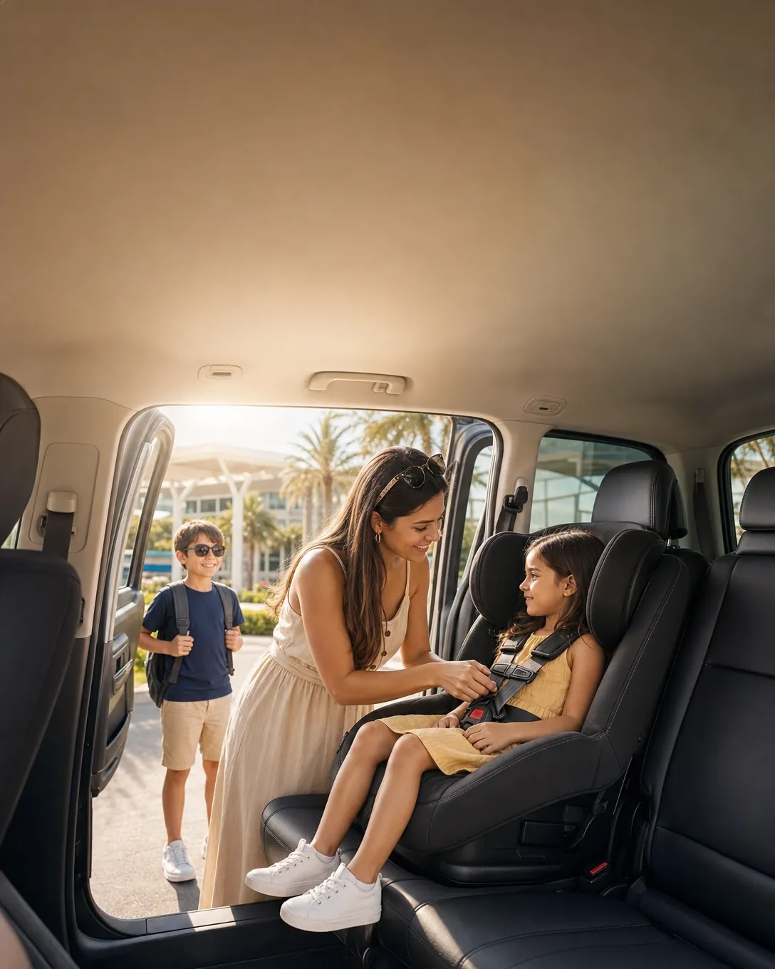 Mãe prendendo uma criança na cadeirinha, no banco de trás de uma minivan
