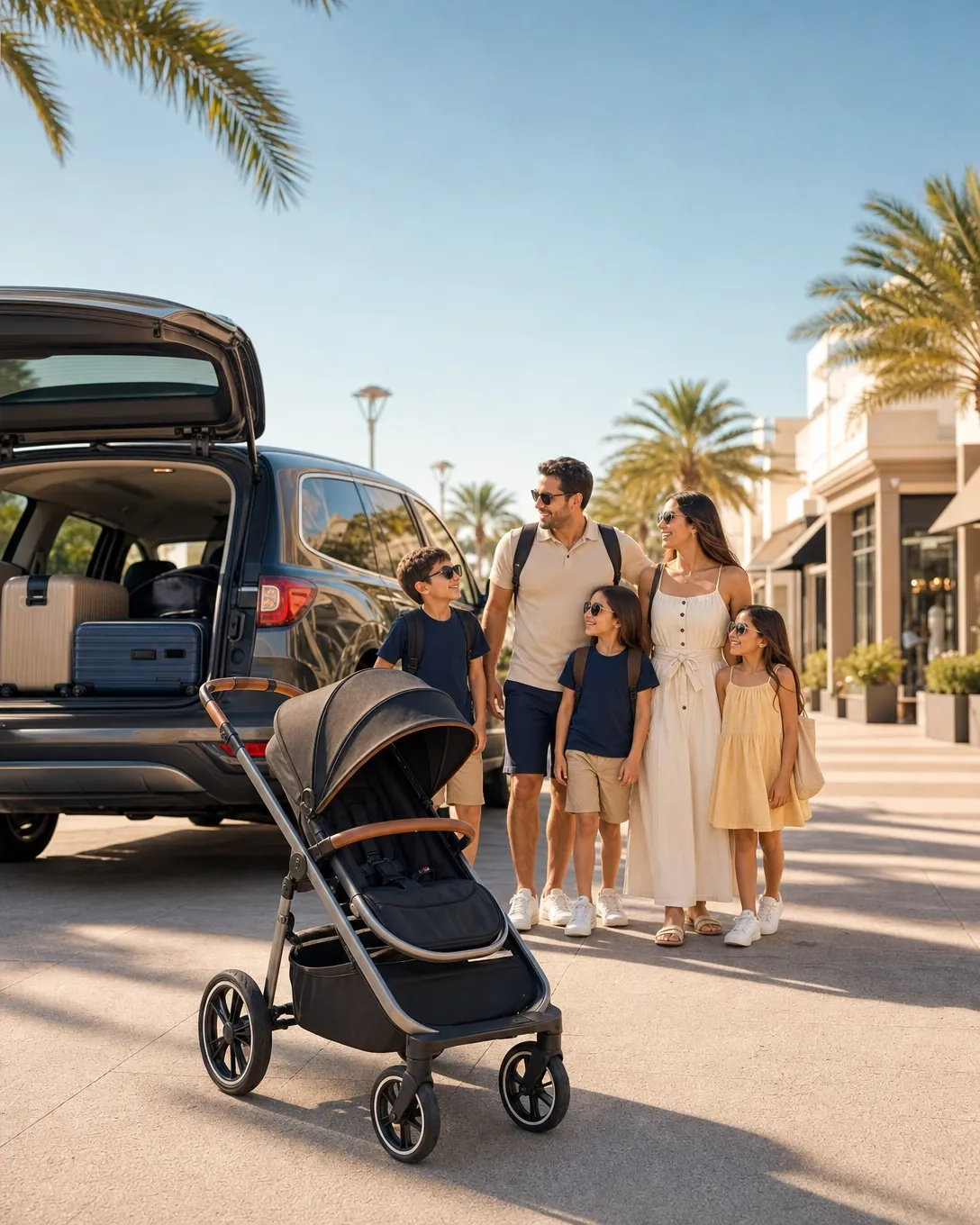 Família ao lado de um carrinho de bebê e de uma minivan com o porta-malas aberto, numa calçada com palmeiras em Orlando