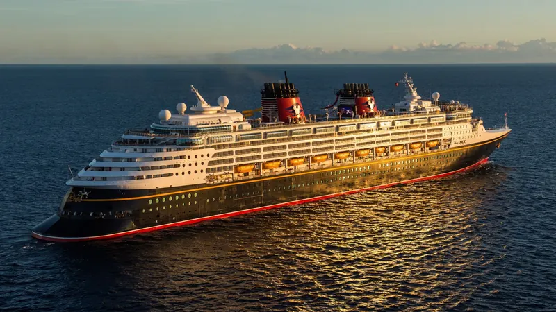 Vista aérea do navio Disney Magic com a luz dourada do fim de tarde refletida no mar